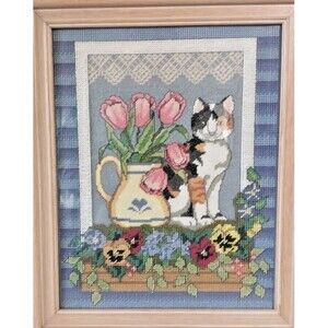 Needlepoint Cross-Stitch/Painted Framed Calico Cat 3D Handmade 16.5" x 13.5"